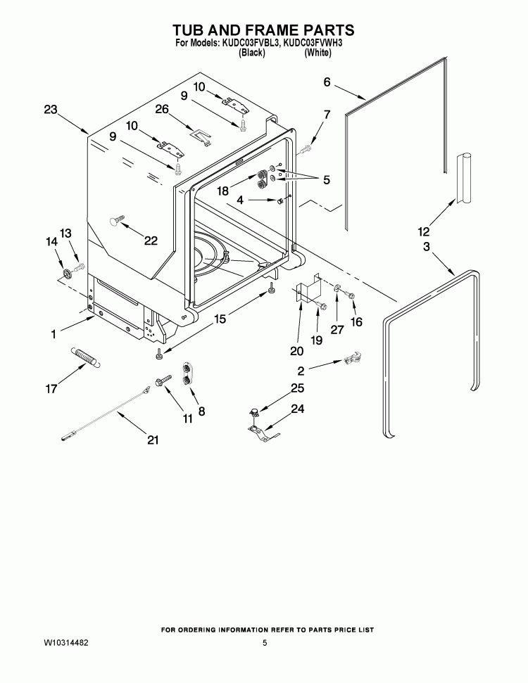 TUB AND FRAME PARTS Diagram and Parts List for KUDC03FVBL3  KitchenAid Dishwasher