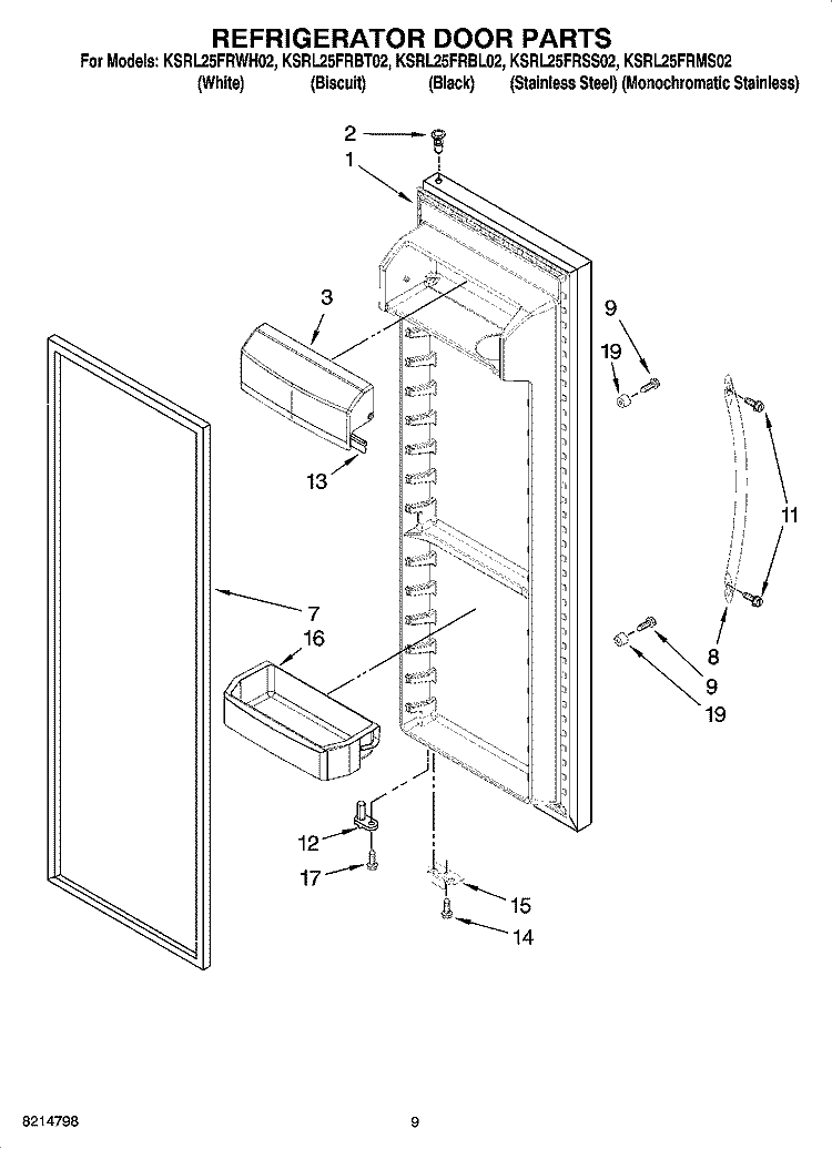 REFRIGERATOR DOOR PARTS Diagram and Parts List for KSRL25FRBL02  KitchenAid Refrigerator