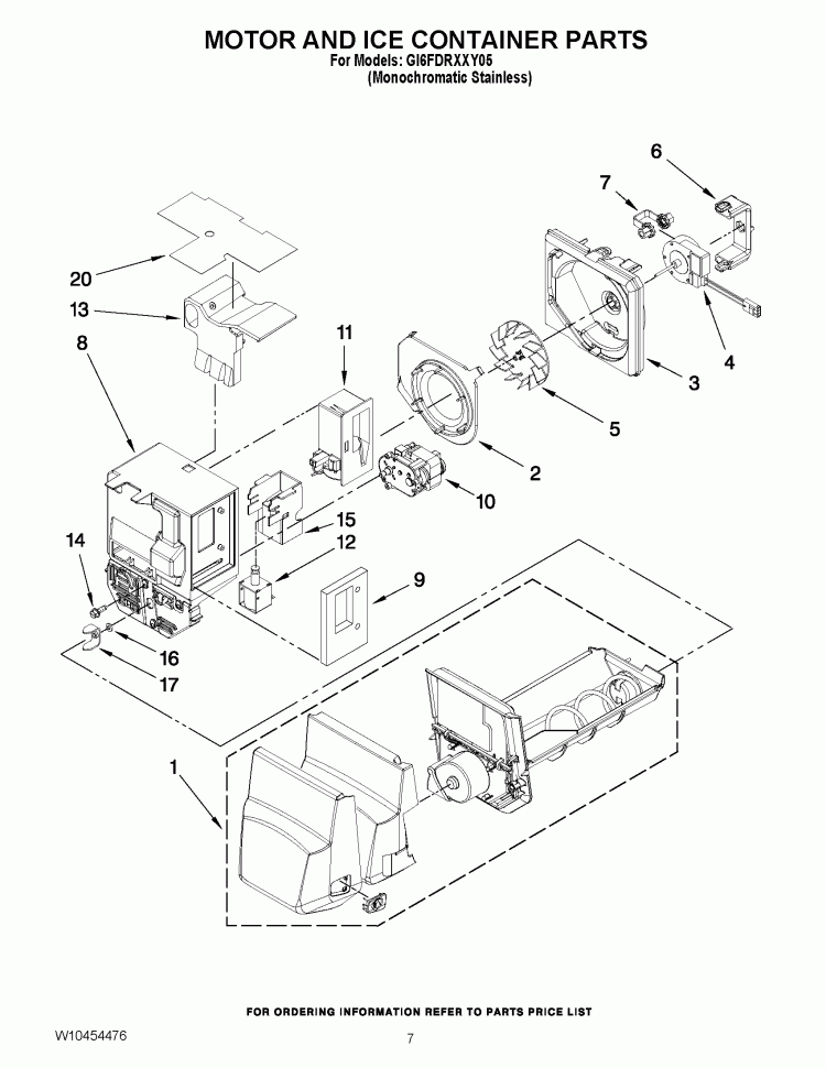 MOTOR AND ICE CONTAINER PARTS Diagram and Parts List for GI6FDRXXY05  Whirlpool Refrigerator