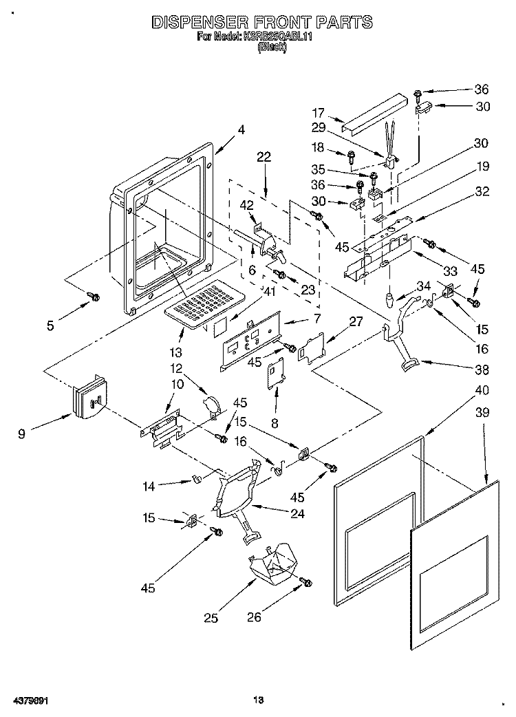 DISPENSER FRONT Diagram and Parts List for KSRB25QABL11  KitchenAid Refrigerator