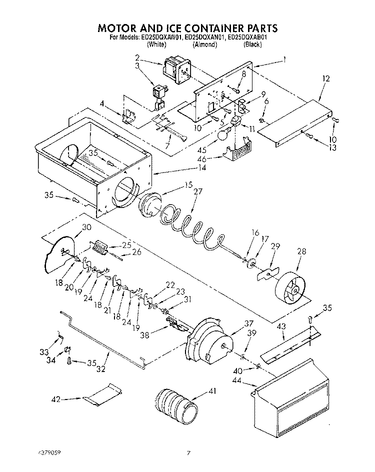 MOTOR &ICE CONTAINER Diagram and Parts List for ED25DQXAW01  Whirlpool Refrigerator