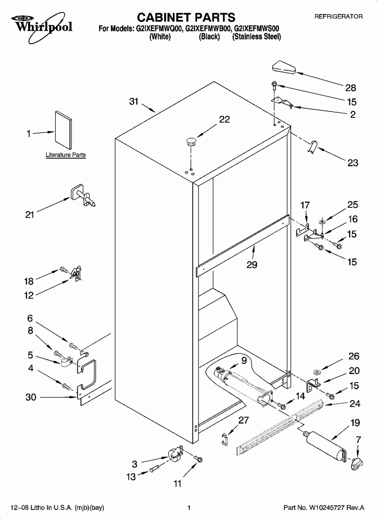 CABINET PARTS Diagram and Parts List for G2IXEFMWB00  Whirlpool Refrigerator