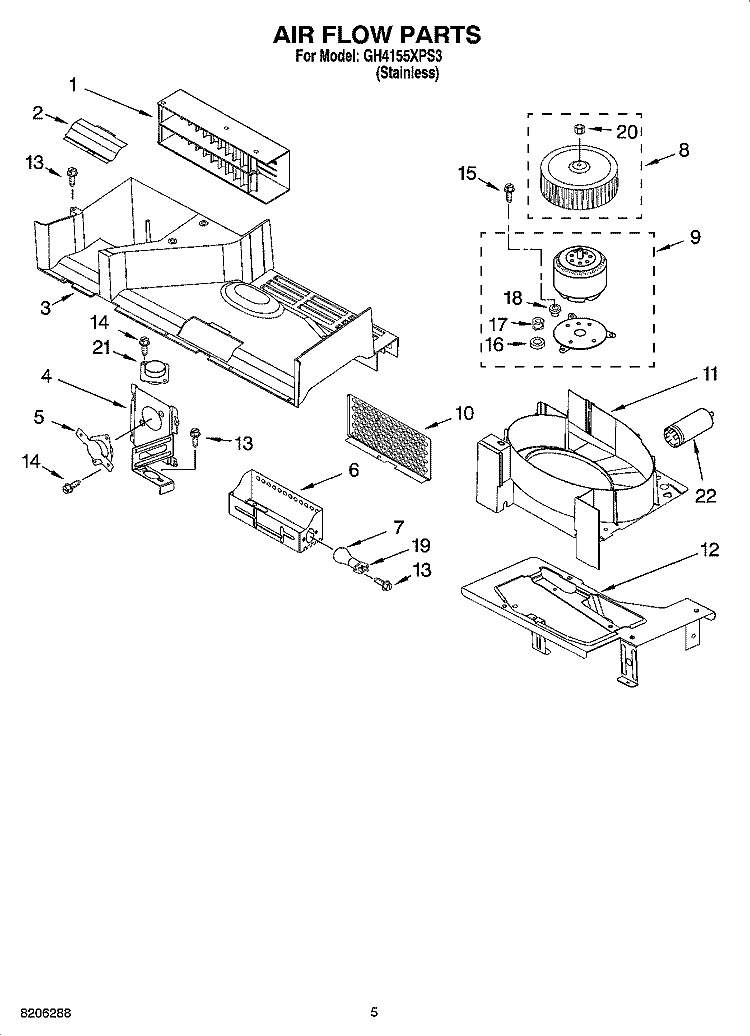 AIR FLOW PARTS Diagram and Parts List for GH4155XPS3  Whirlpool Microwave