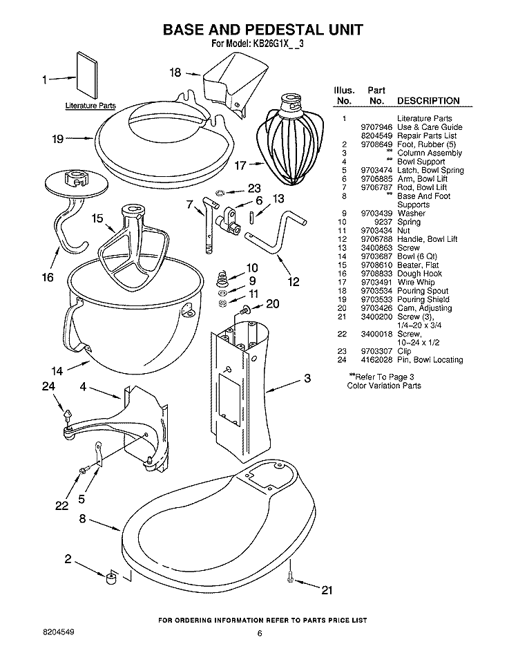 BASE AND PEDESTAL UNIT - ACCESSORY PARTS Diagram and Parts List for KB26G1XAC3  KitchenAid Mixer
