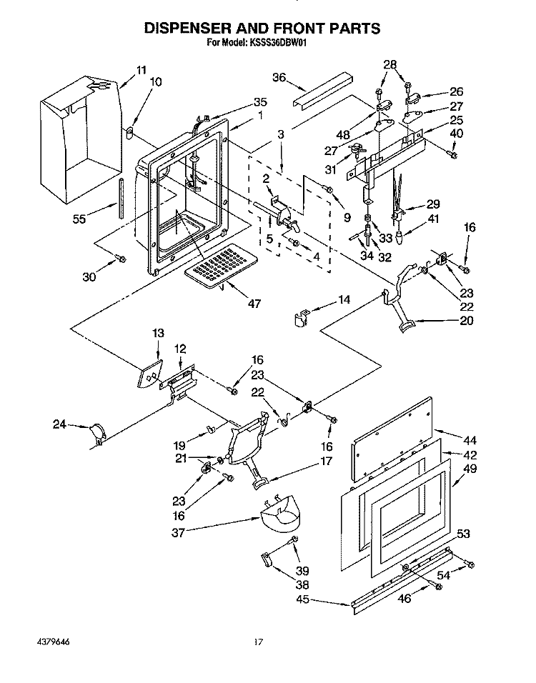 DISPENSER AND FRONT Diagram and Parts List for KSSS36DBW01  KitchenAid Refrigerator
