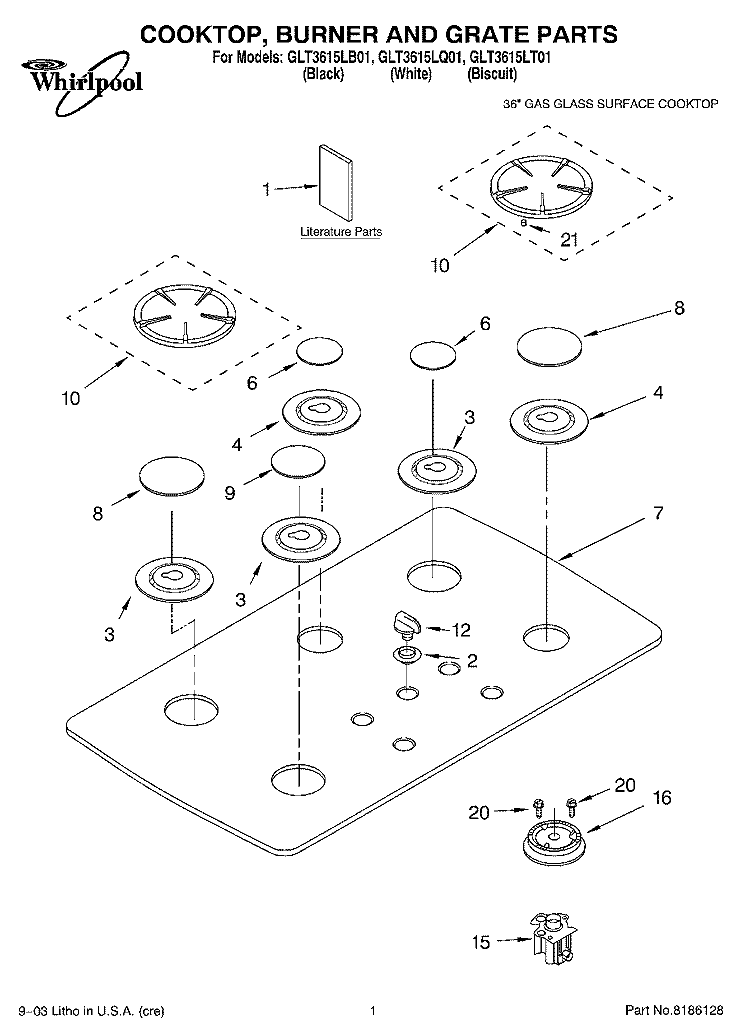 COOKTOP, BURNER AND GRATE PARTS Diagram and Parts List for GLT3615LB01  Whirlpool Cooktop