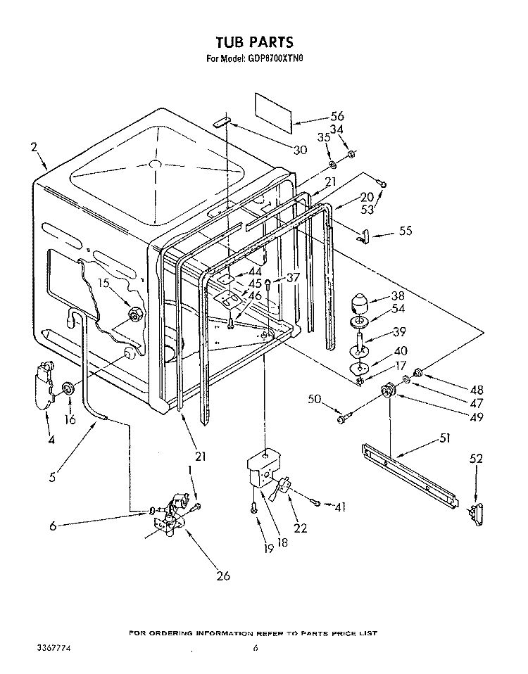 TUB Diagram and Parts List for GDP8700XTN0  Whirlpool Dishwasher