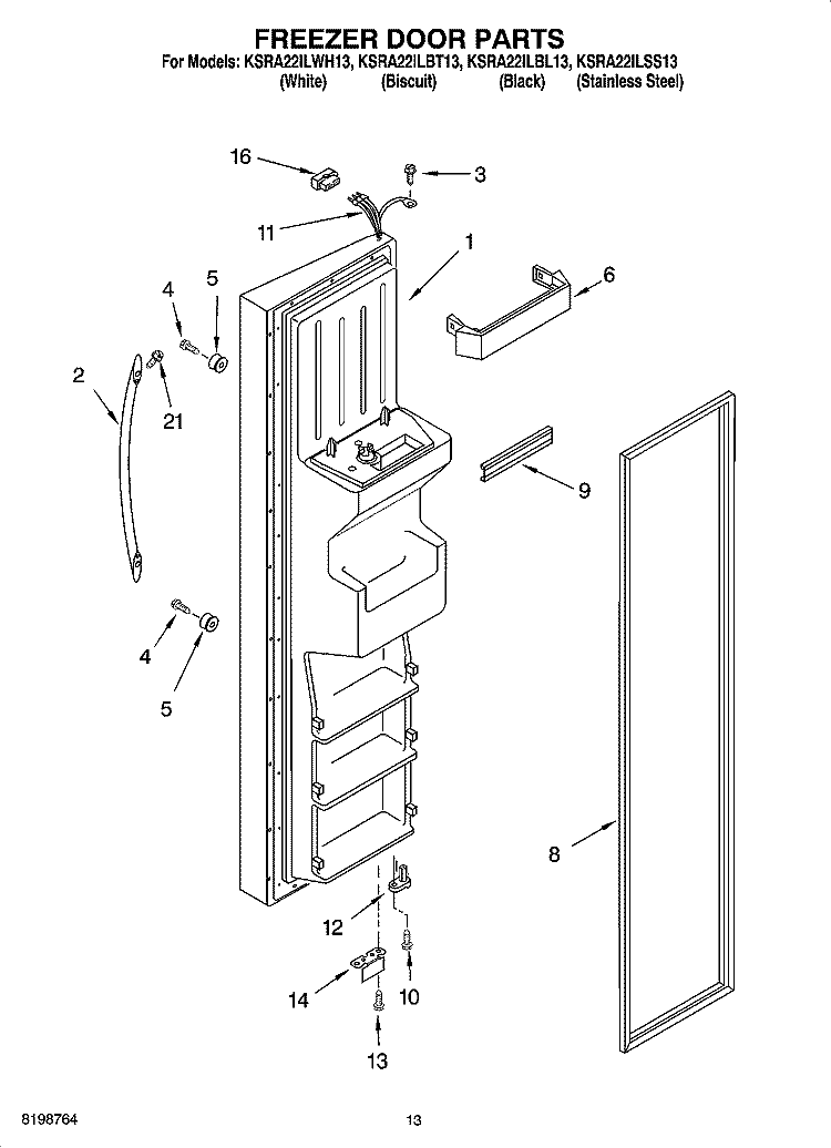 FREEZER DOOR PARTS Diagram and Parts List for KSRA22ILBL13  KitchenAid Refrigerator
