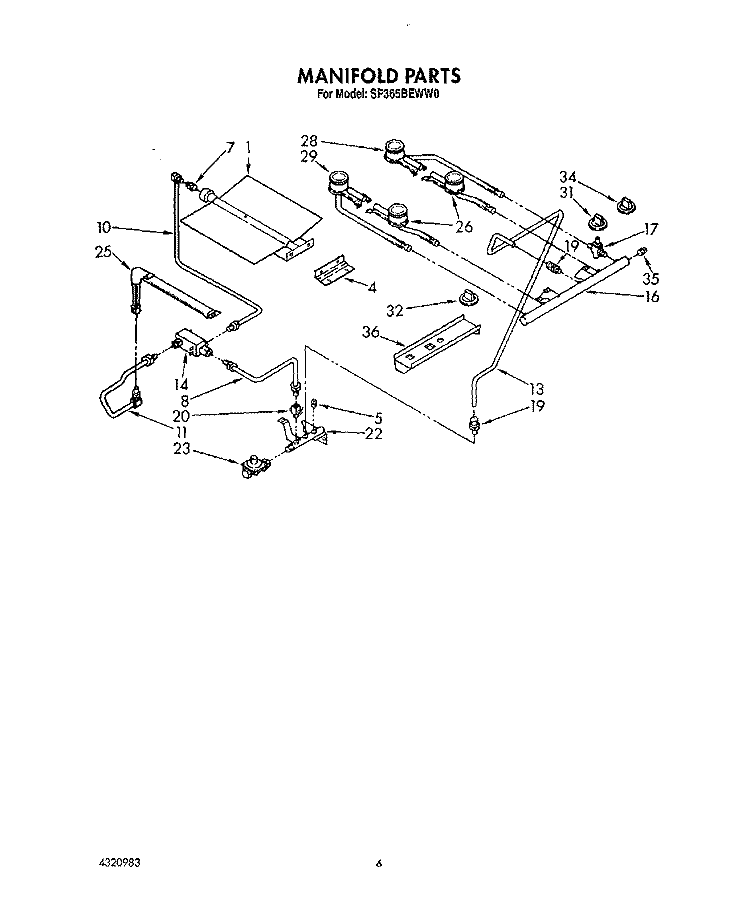 MANIFOLD Diagram and Parts List for SF365BEWN0  Whirlpool Range