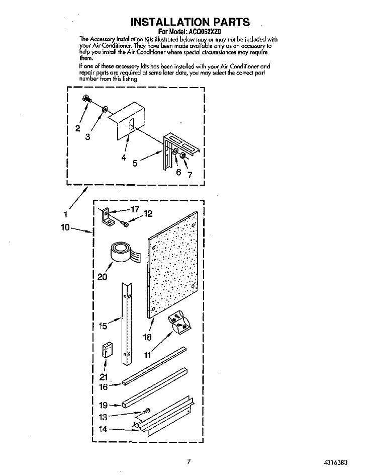 INSTALLATION PARTS Diagram and Parts List for ACQ062XZ0  Whirlpool Air Conditioner