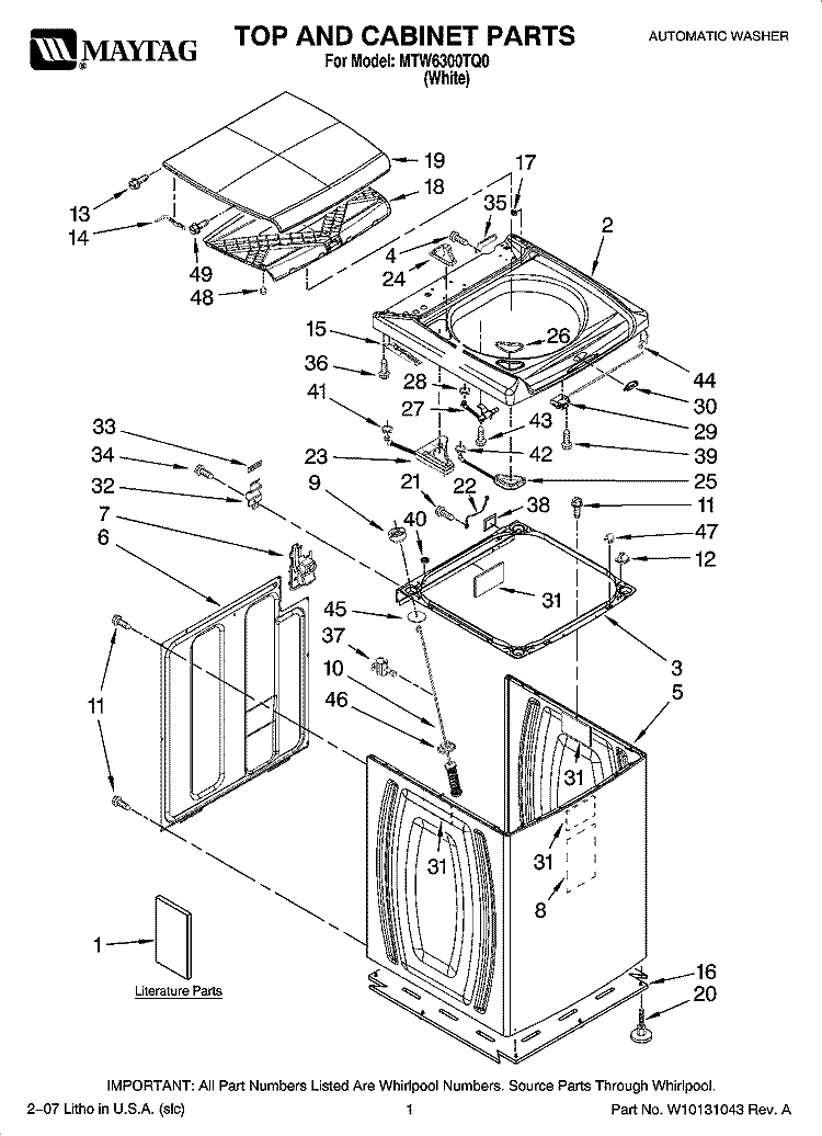 TOP AND CABINET PARTS Diagram and Parts List for MTW6300TQ0  Whirlpool Washer