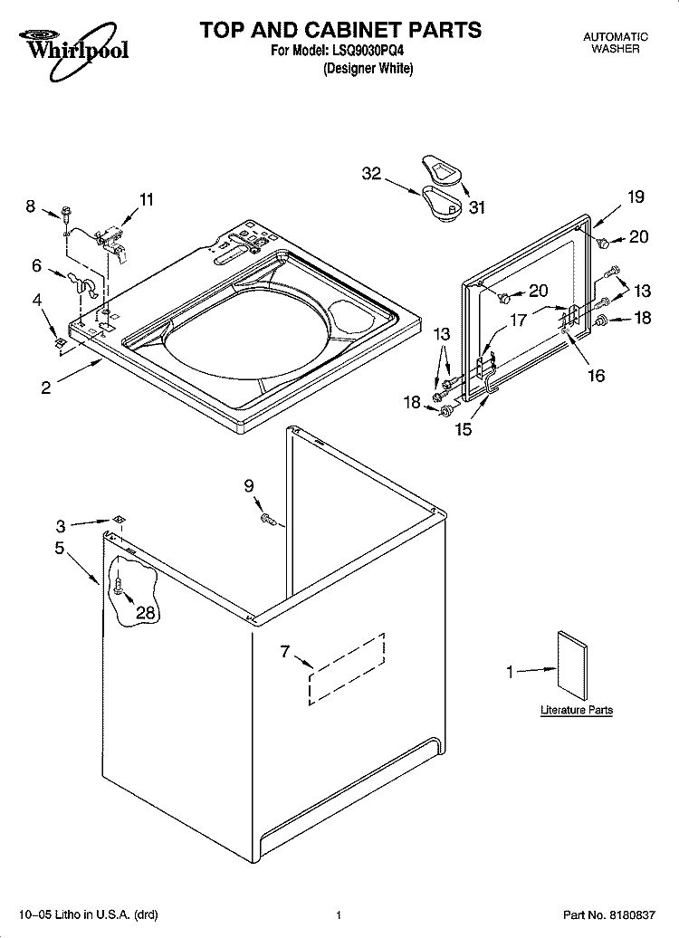 TOP AND CABINET PARTS Diagram and Parts List for LSQ9030PQ4  Whirlpool Washer
