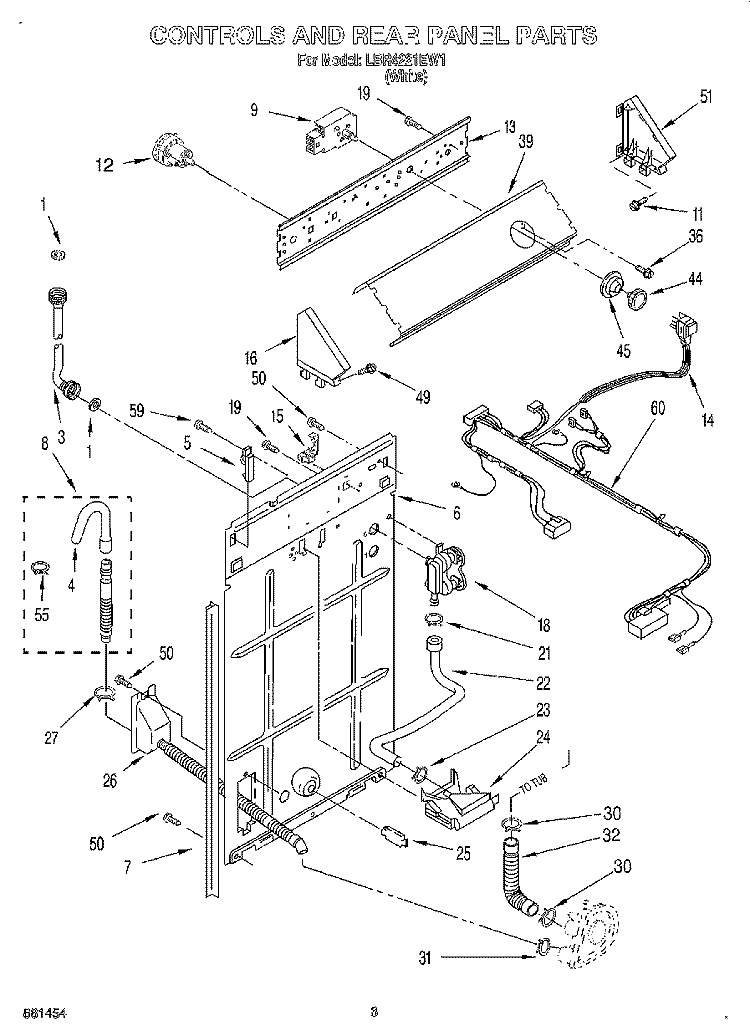 CONTROLS AND REAR PANEL Diagram and Parts List for LBR4221EW1  Whirlpool Washer