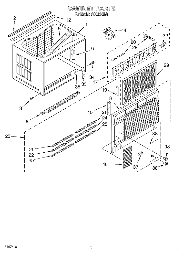 CABINET Diagram and Parts List for ACQ254XJ1  Whirlpool Air Conditioner