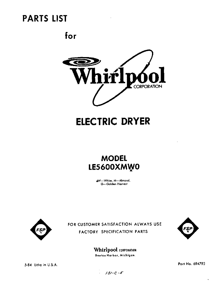 SECTION Diagram and Parts List for LE5600XMW0  Whirlpool Dryer