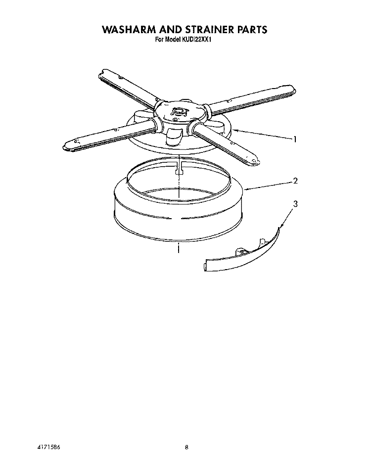 WASH ARM AND STRAINER Diagram and Parts List for KUDI22XX1  KitchenAid Dishwasher