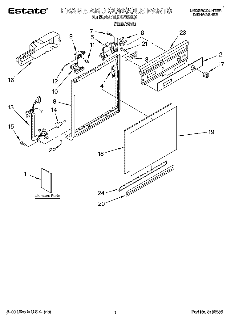 FRAME AND CONSOLE, LITERATURE Diagram and Parts List for TUD5700EQ4  Estate Dishwasher