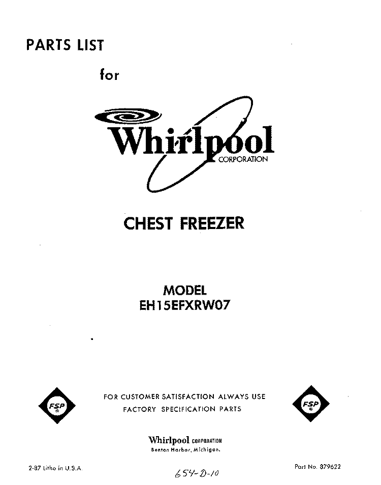 SECTION Diagram and Parts List for EH15EFXRW07  Whirlpool Freezer