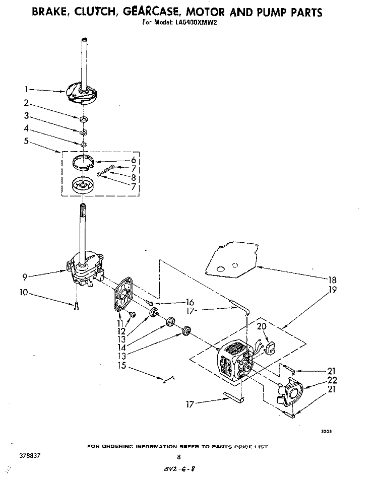 BRAKE, CLUTCH, GEARCASE, MOTOR AND PUMP Diagram and Parts List for LA5400XMW2  Whirlpool Washer