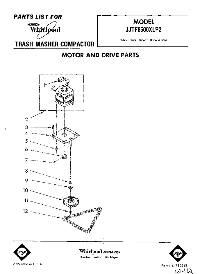 MOTOR AND DRIVE, LIT/OPTIONAL Diagram and Parts List for JJTF8500XLP2  Whirlpool Trash Compactor