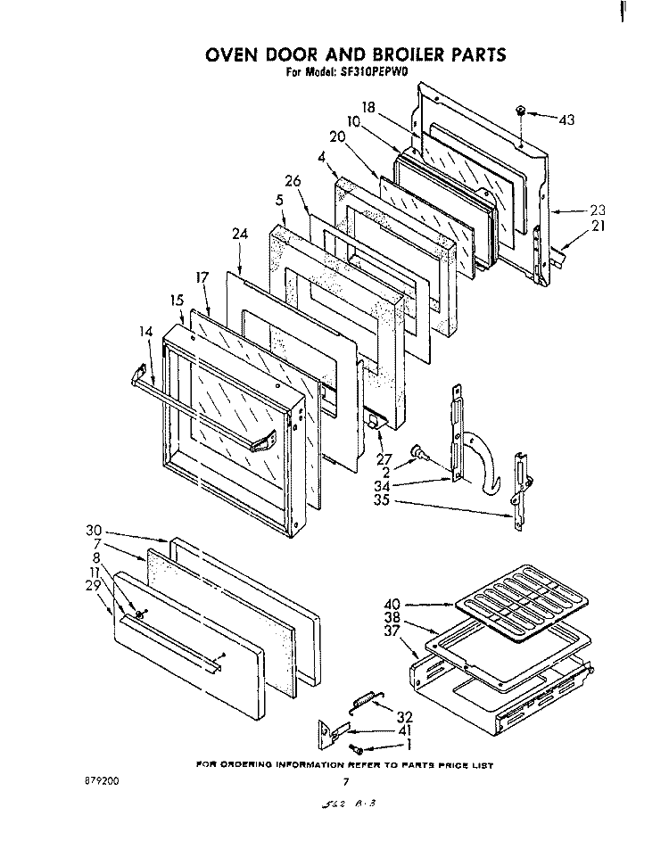 OVEN DOOR AND BROILER Diagram and Parts List for SF310PEPW0  Whirlpool Range