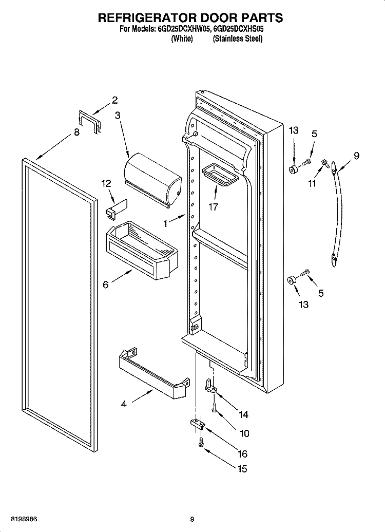 REFRIGERATOR DOOR PARTS Diagram and Parts List for 6GD25DCXHS05  Whirlpool Refrigerator