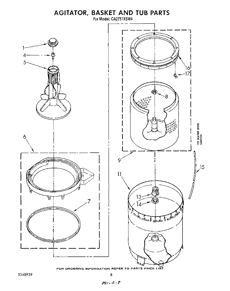 AGITATOR, BASKET AND TUB Diagram and Parts List for CA2751XSW4  Whirlpool Washer