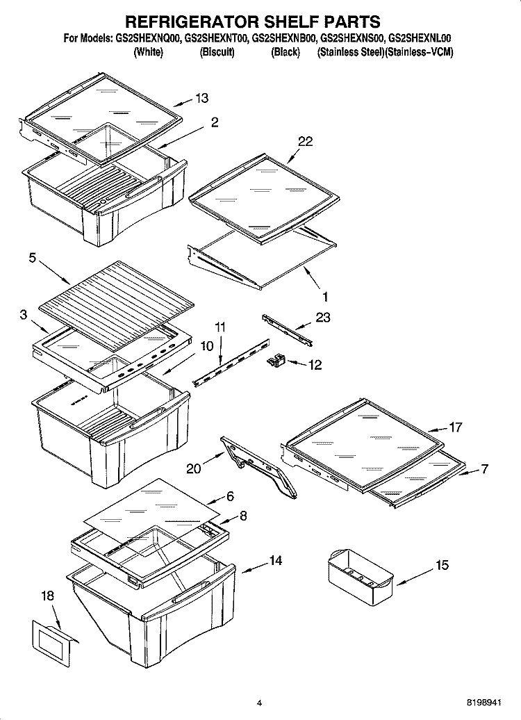 REFRIGERATOR SHELF PARTS Diagram and Parts List for GS2SHEXNS00  Whirlpool Refrigerator