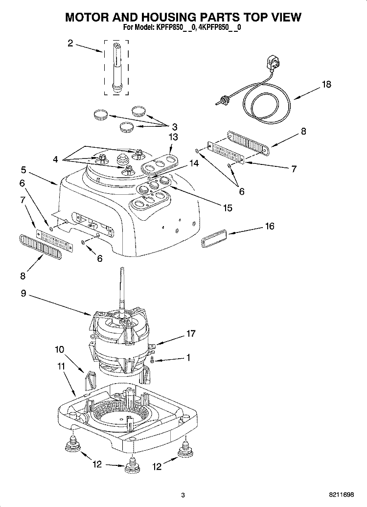 MOTOR AND HOUSING PARTS TOP VIEW Diagram and Parts List for 4KPFP850PM0  KitchenAid Food Processor
