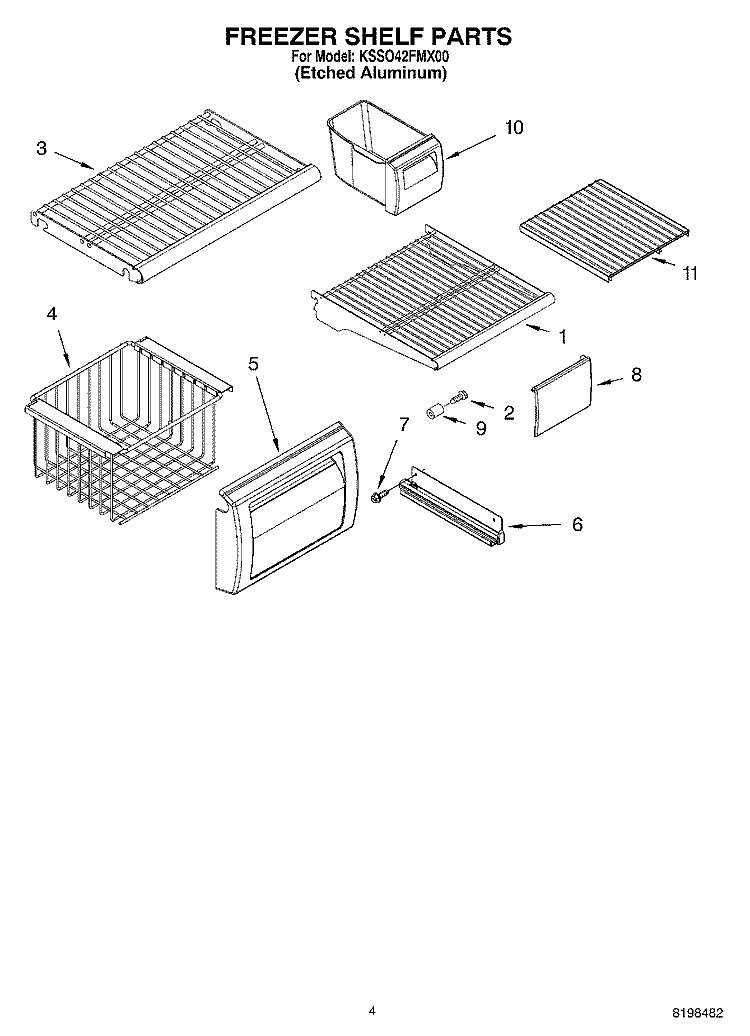 FREEZER SHELF PARTS Diagram and Parts List for KSSO42FMX00  KitchenAid Refrigerator
