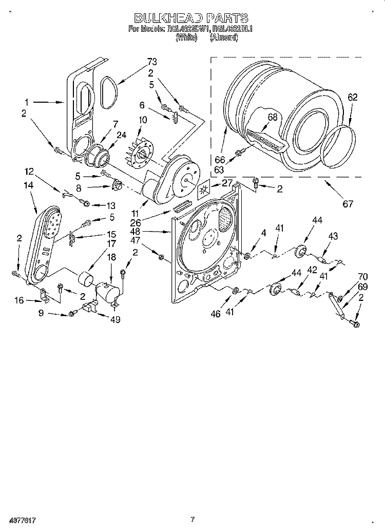 BULKHEAD Diagram and Parts List for RGL4622DL1  Roper Dryer