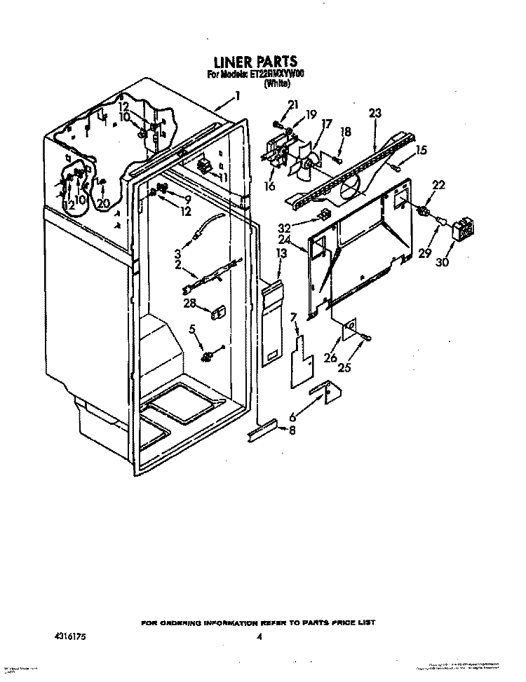 LINER Diagram and Parts List for ET22RMXYW00  Whirlpool Refrigerator