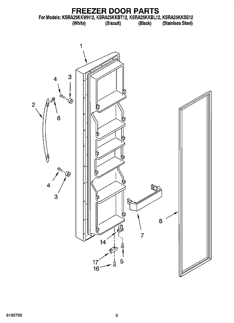 FREEZER DOOR PARTS Diagram and Parts List for KSRA25KKBT12  KitchenAid Refrigerator