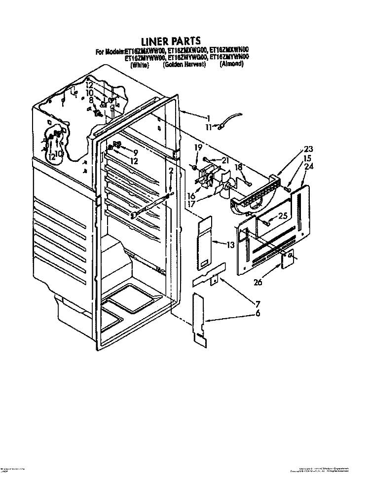LINER Diagram and Parts List for ET16ZMXWW00  Whirlpool Refrigerator