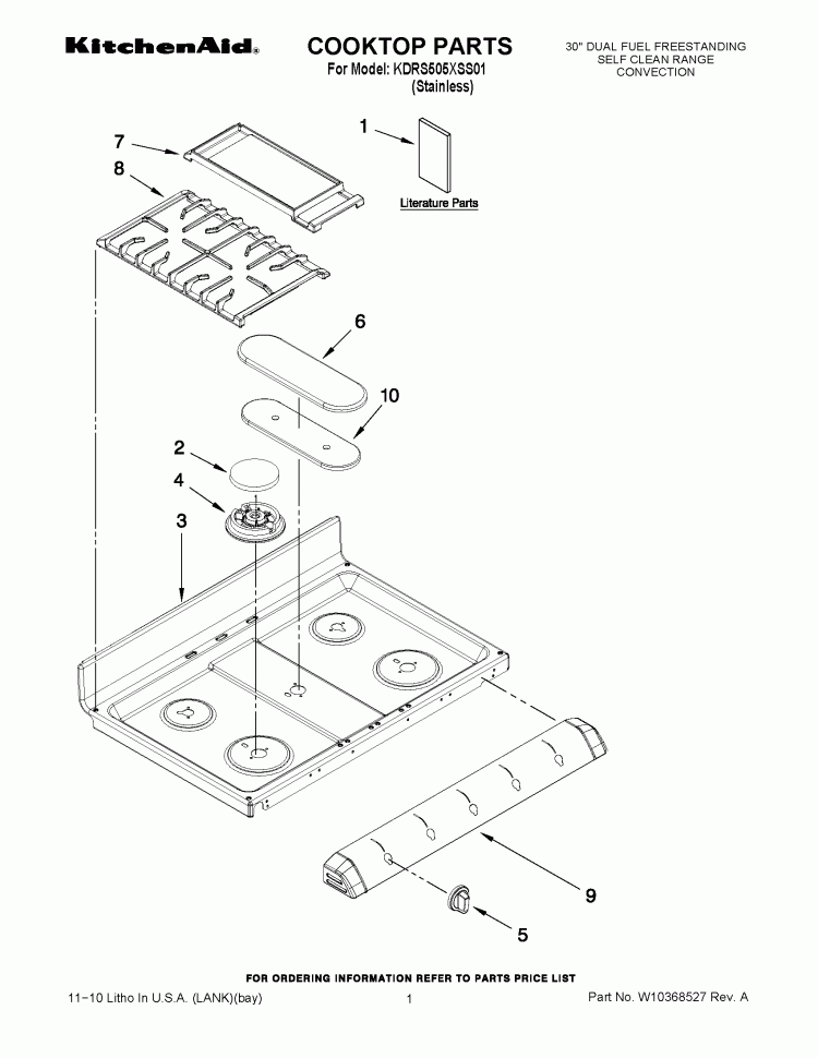COOKTOP PARTS Diagram and Parts List for KDRS505XSS01  KitchenAid Range
