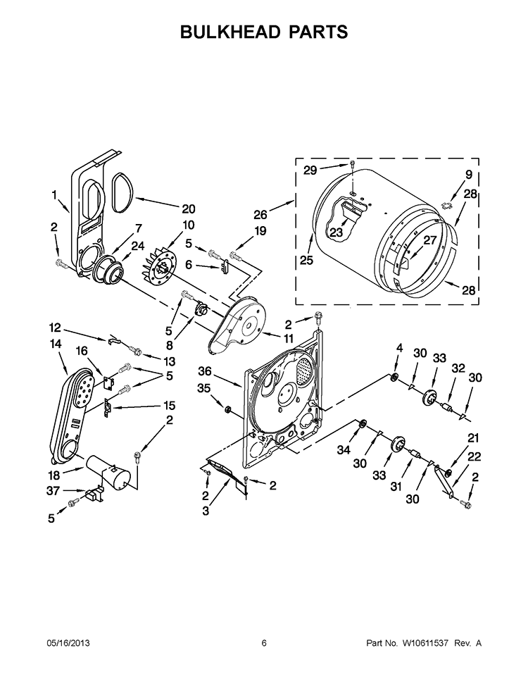 BULKHEAD PARTS Diagram and Parts List for 7MWGD1500AQ2  Whirlpool Dryer