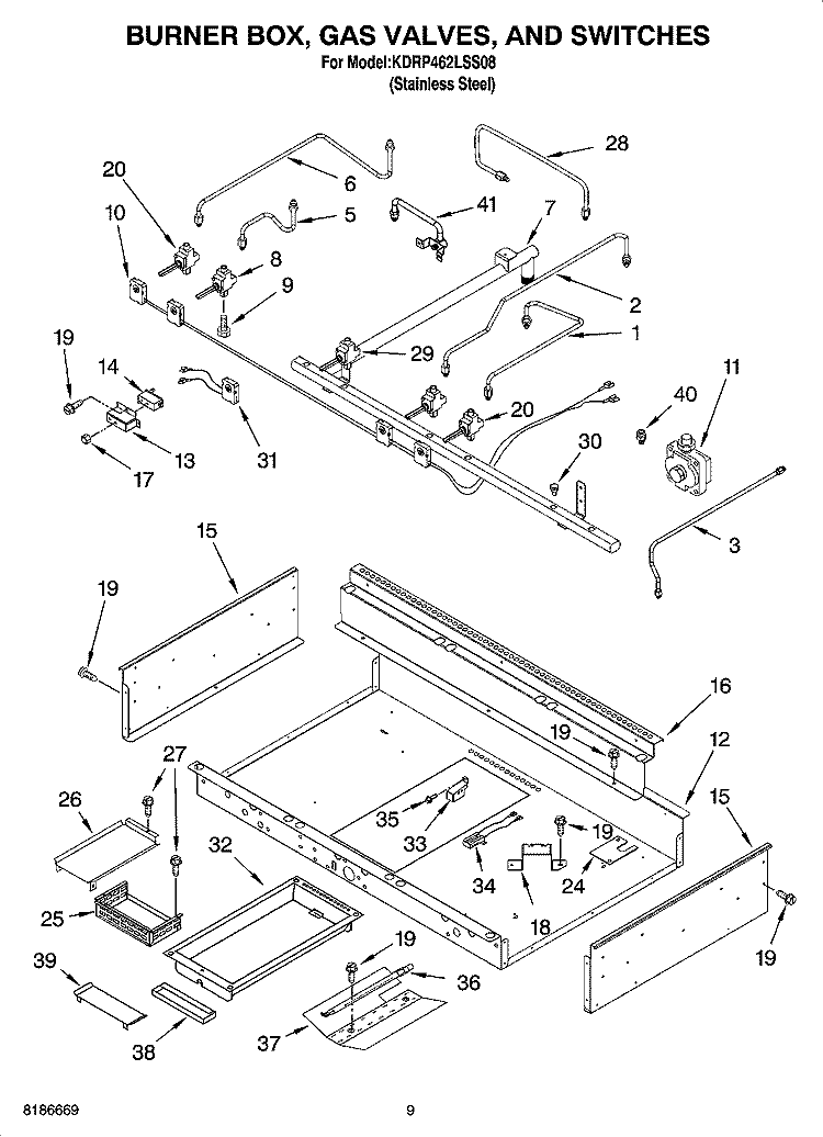 BURNER BOX, GAS VALVES, AND SWITCHES Diagram and Parts List for KDRP462LSS08  KitchenAid Range