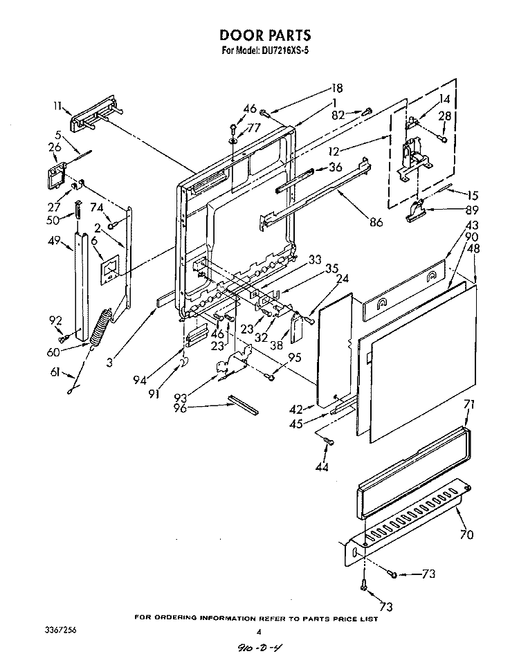 DOOR Diagram and Parts List for DU7216XS5  Whirlpool Dishwasher