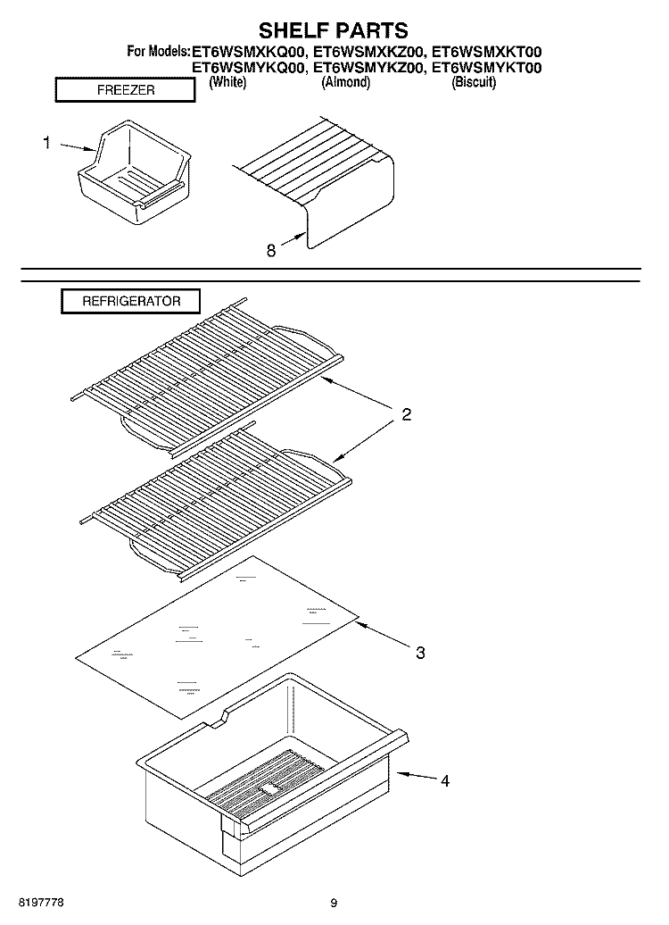 SHELF Diagram and Parts List for ET6WSMXKT00  Whirlpool Refrigerator