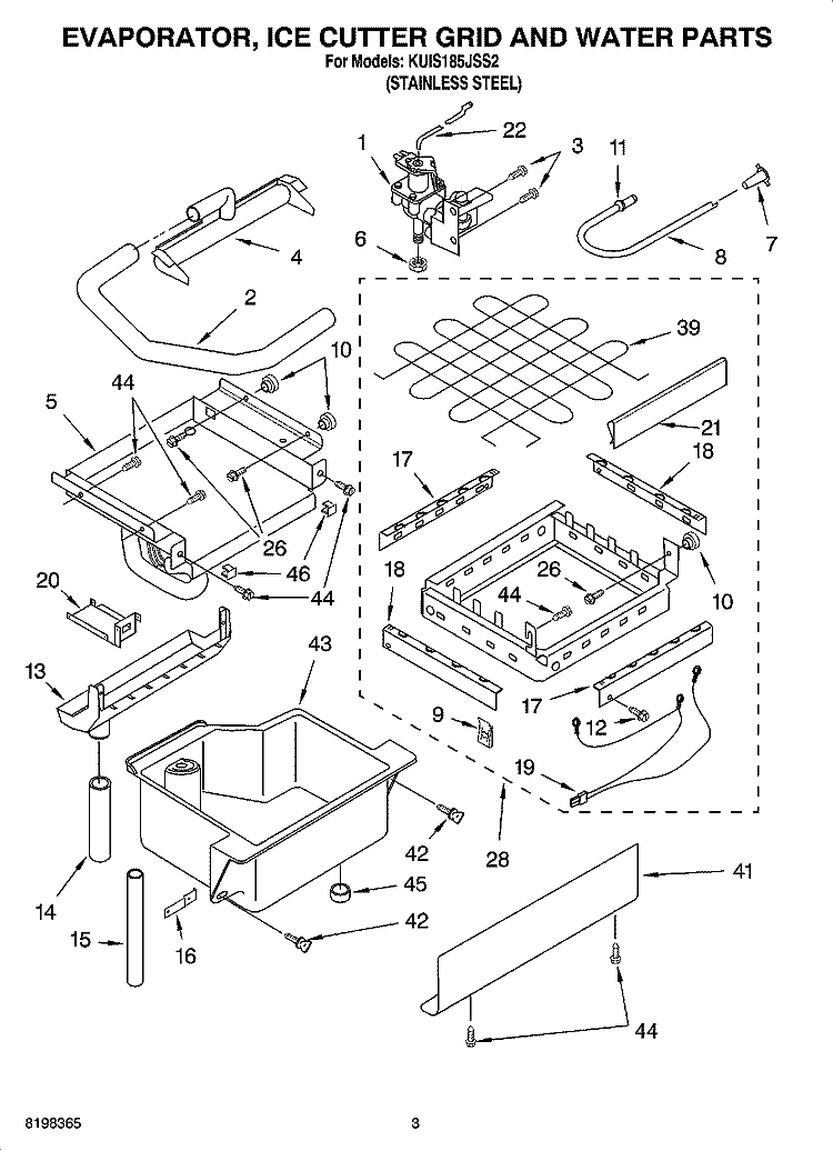 EVAPORATOR, ICE CUTTER GRID AND WATER PARTS Diagram and Parts List for KUIS185JSS2  KitchenAid Ice Maker