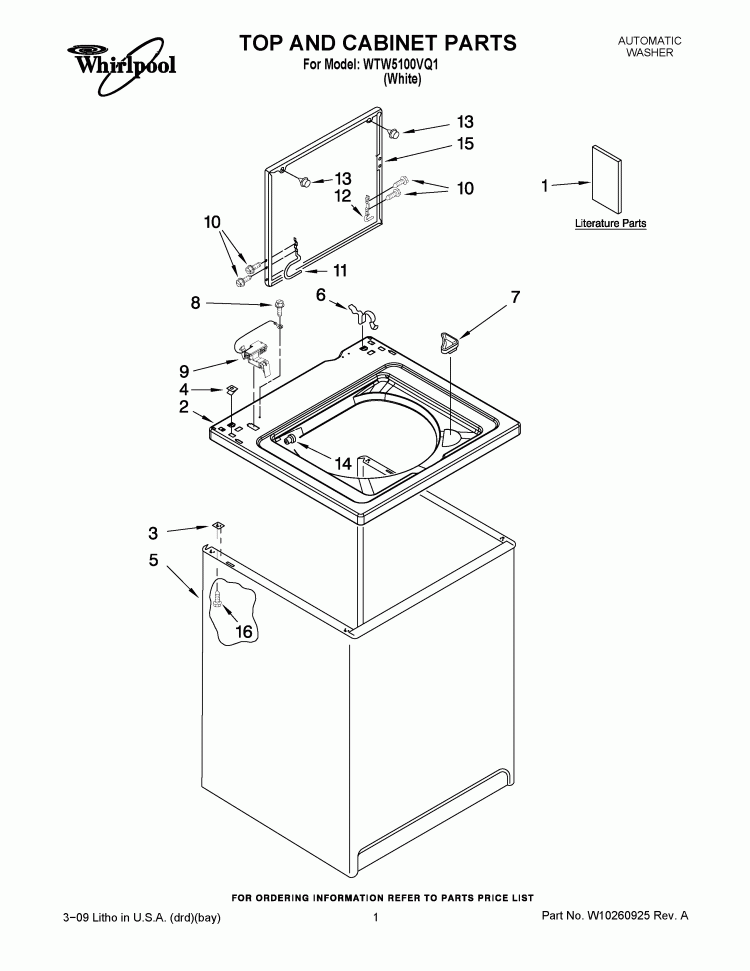 TOP AND CABINET PARTS Diagram and Parts List for WTW5100VQ1  Whirlpool Washer