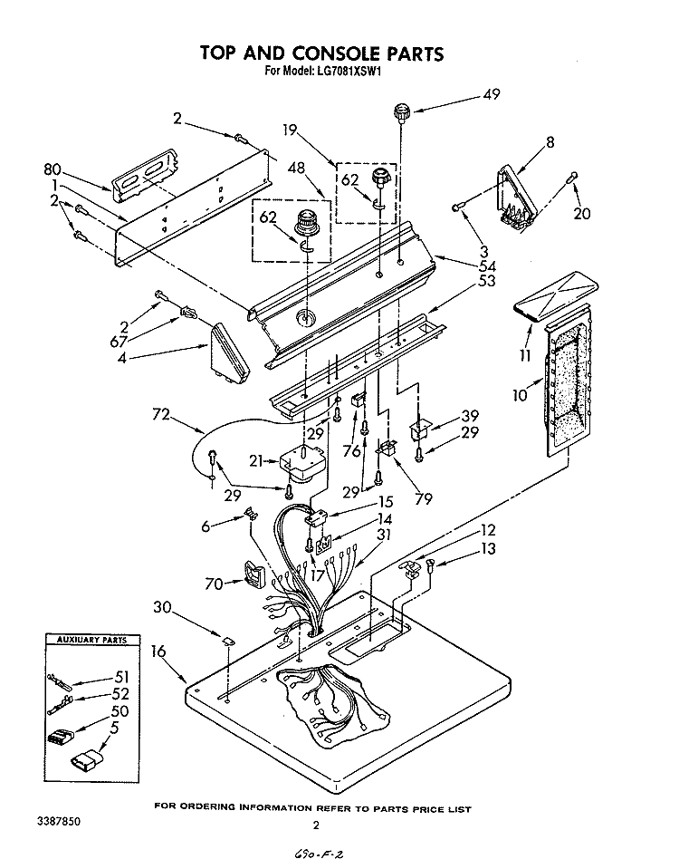 TOP AND CONSOLE , LITERATURE AND OPTIONAL Diagram and Parts List for LG7081XSM1  Whirlpool Dryer