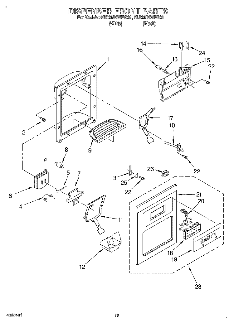 DISPENSER FRONT Diagram and Parts List for 6ED25DQXFB01  Whirlpool Refrigerator