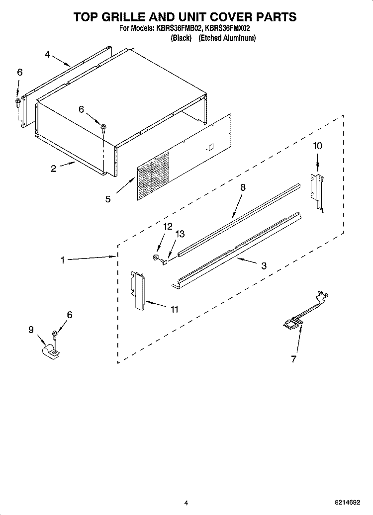 TOP GRILLE AND UNIT COVER PARTS Diagram and Parts List for KBRS36FMX02  KitchenAid Refrigerator