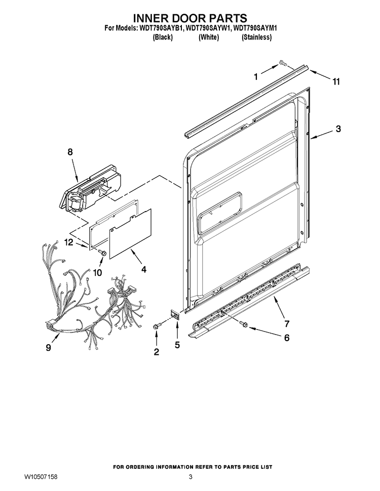 INNER DOOR PARTS Diagram and Parts List for WDT790SAYM1  Whirlpool Dishwasher