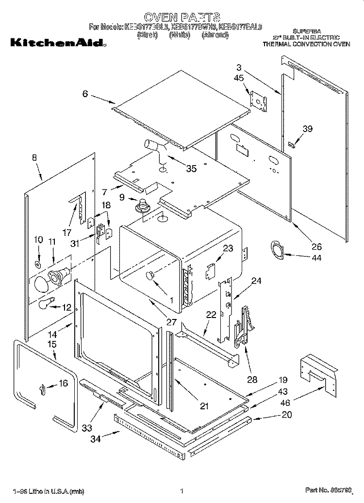 OVEN Diagram and Parts List for KEBS177BBL3  KitchenAid Wall Oven