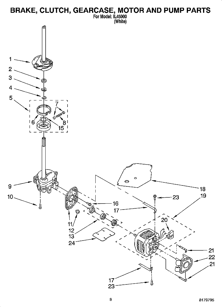 BRAKE, CLUTCH, GEARCASE, MOTOR AND PUMP PARTS Diagram and Parts List for IL45000  Inglis Washer