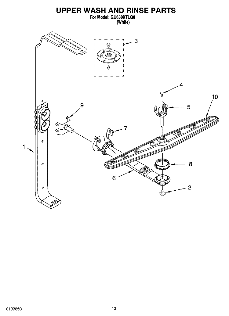 UPPER WASH AND RINSE PARTS Diagram and Parts List for GU630XTLQ0  Whirlpool Dishwasher