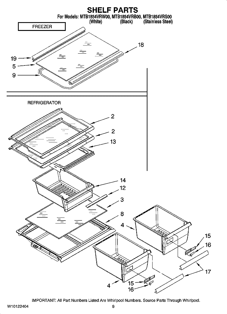 SHELF PARTS, OPTIONAL PARTS (NOT INCLUDED) Diagram and Parts List for MTB1854VRW00  Whirlpool Refrigerator
