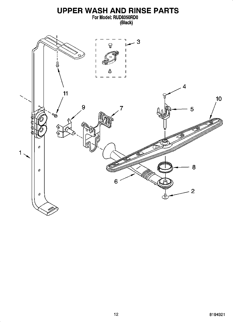 UPPER WASH AND RINSE PARTS Diagram and Parts List for RUD8050RD0  Roper Dishwasher